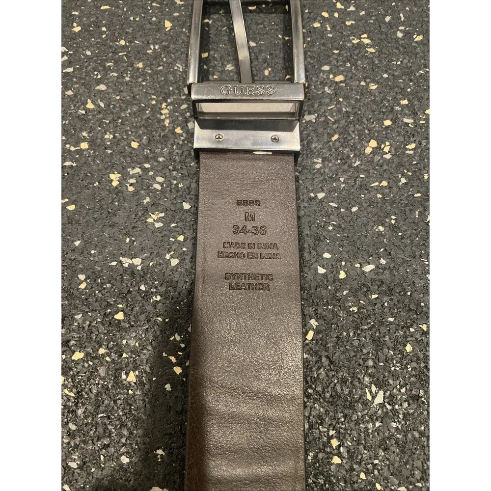 GUESS Mens Large 34-36 Black Brown REVERSIBLE Leather Belt Black Tone Buckle